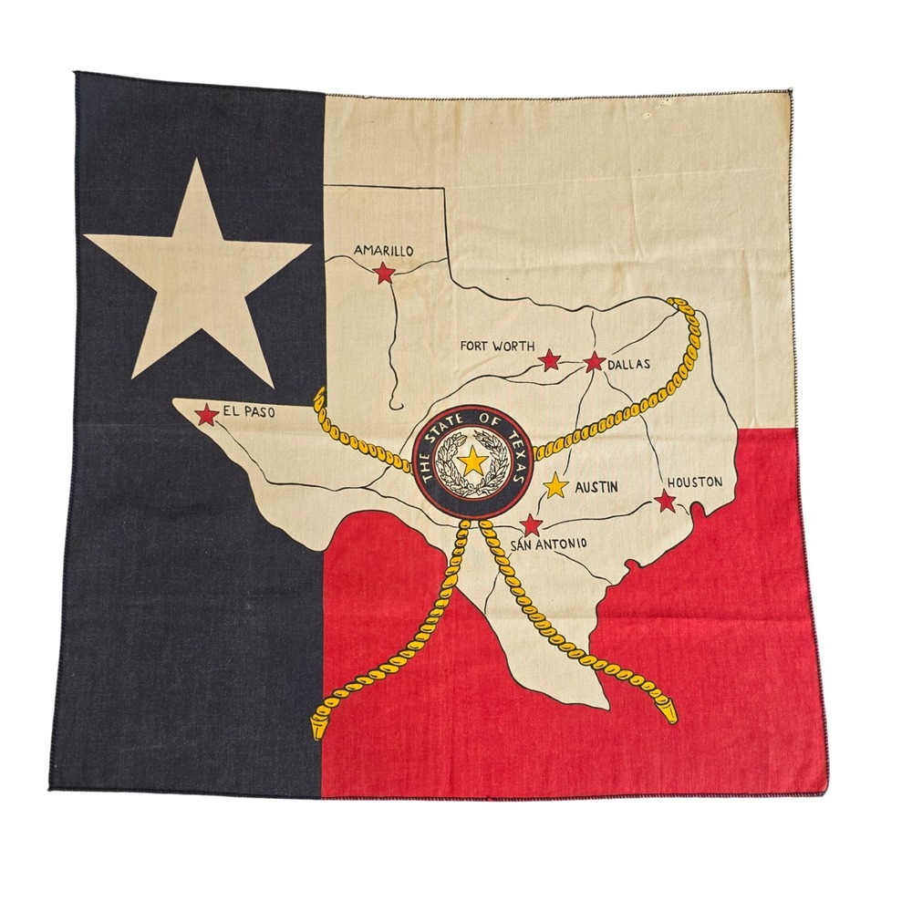 Vintage 70s 80s Texas State Map Bandana Lone Star Flag Souvenir Scarf Red Blue